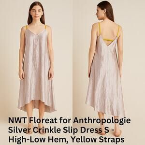 NWT Floreat Anthropologie Silver Crinkle Slip Dress S High-Low Hem Yellow Straps